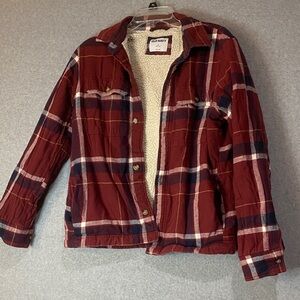 Old Navy Sherpa Lined Plaid Teddy Jacket - Burgundy and Navy